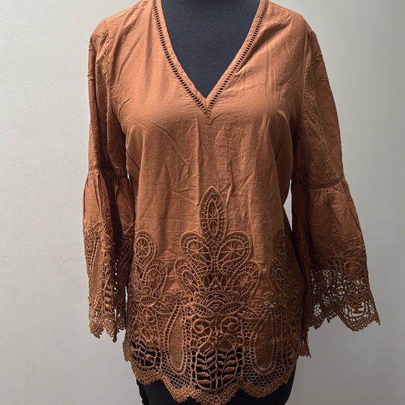 Chico's Tops - CHICO’S Embroidered Lace Cutout Top Brown Size 1 medium